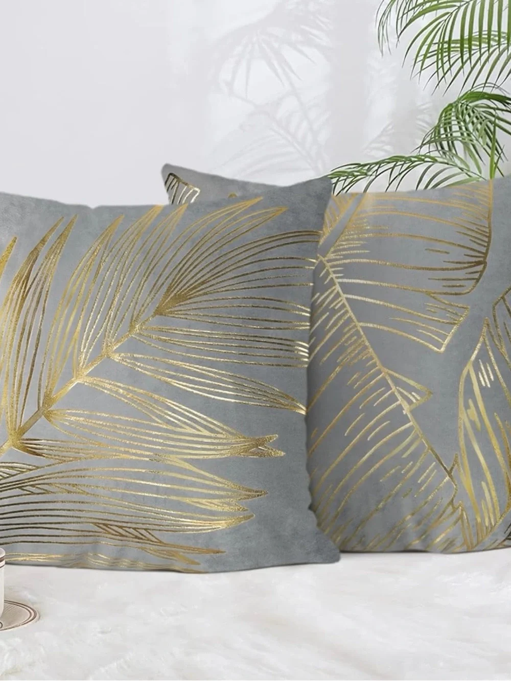 Grey Throw Pillow Covers with Gold Palm Leaf Foil